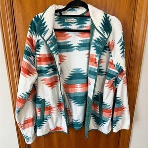 Cream Aztec Pattern Fleece Jacket - Green & Coral